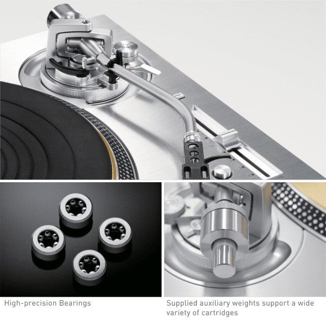 Photo of High-sensitive Tonearm, Photo of High-precision Bearings, Photo of Supplied auxiliary weights support a wide variety of cartridges