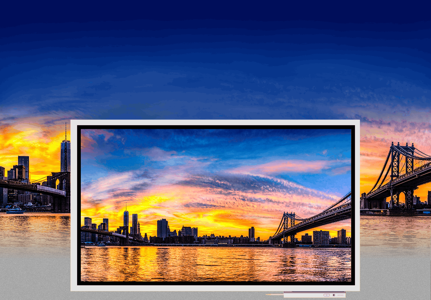 Una imagen que muestra una puesta de sol en la ciudad que se muestra en un dispositivo Samsung Flip